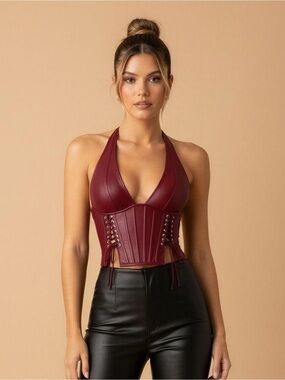 Halter Lace-Up Faux Leather Corset Top - Burgundy Size S NWOT